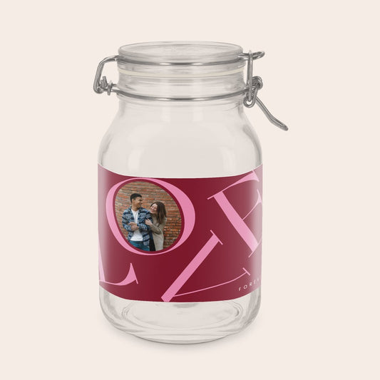 2L glass jar with hinged lid customized with a photo, name or logo sticker by Giftaty