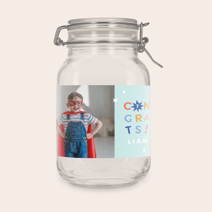 2L glass jar with hinged lid, alternate view, customized with a photo, name or logo sticker