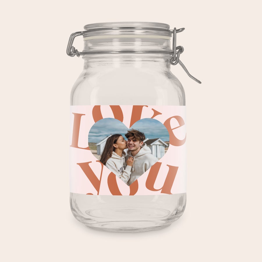 2L glass jar with hinged lid, another example design, customized with a photo, name or logo sticker