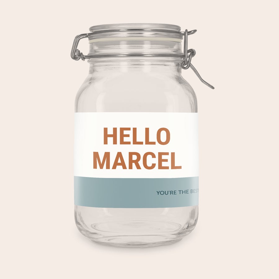 2L glass jar with hinged lid, close-up detail, customized with a photo, name or logo sticker