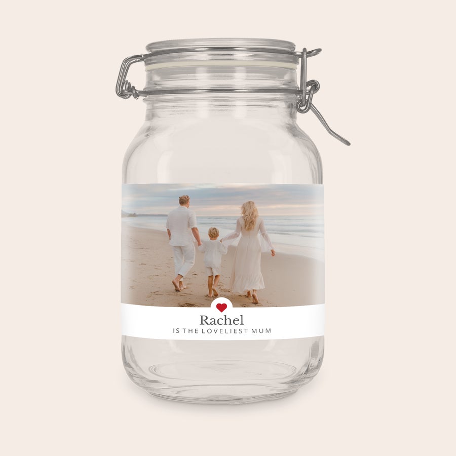 2L glass jar with hinged lid, shown from another angle, customized with a photo, name or logo sticker