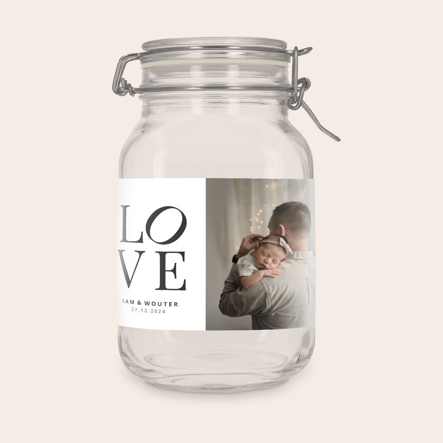 2L glass jar with hinged lid, with a different personalization example, customized with a photo, name or logo sticker