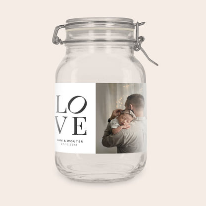 2L glass jar with hinged lid, with a different personalization example, customized with a photo, name or logo sticker