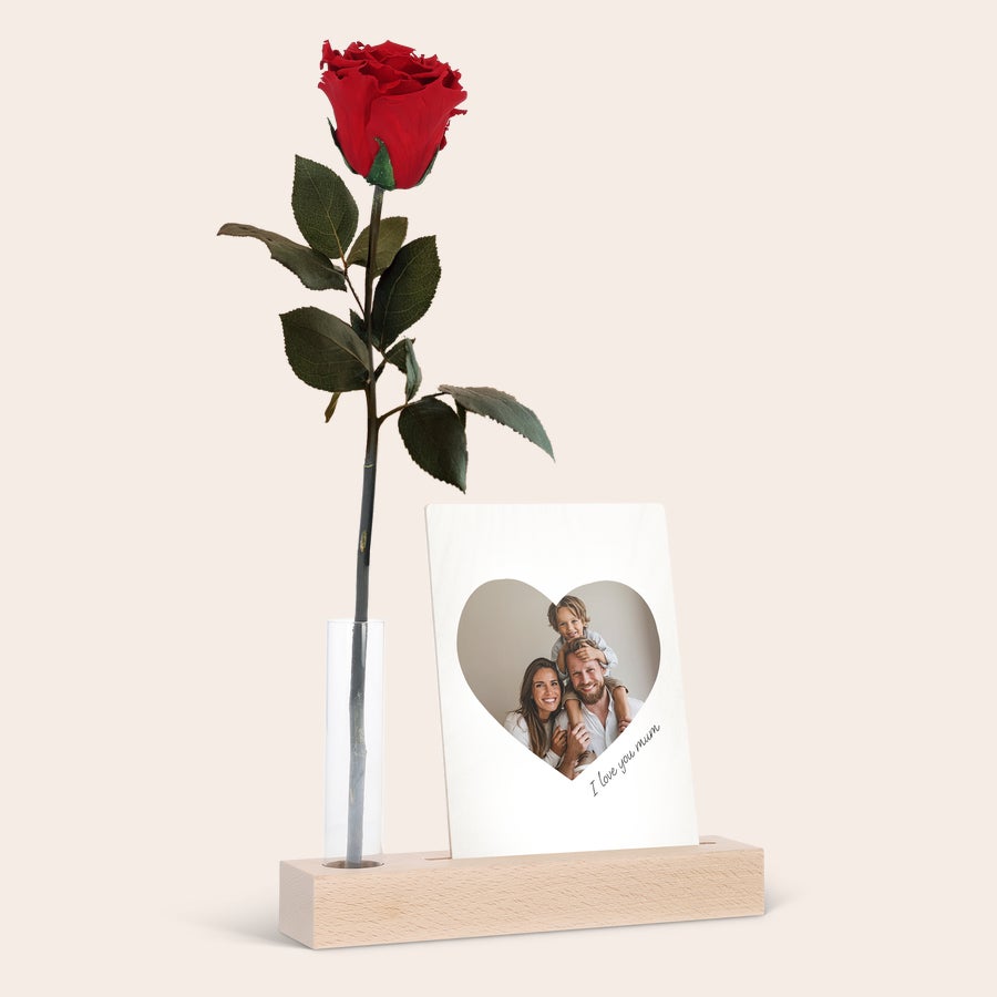 Personalized infinity rose photo stand shown from another angle