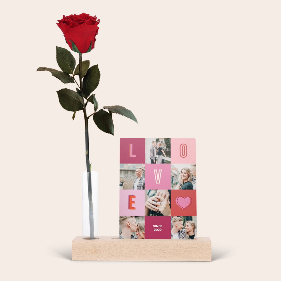 Personalized infinity rose with wooden photo stand gift by Giftaty