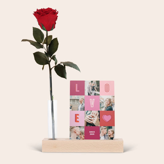 Personalized infinity rose with wooden photo stand gift by Giftaty