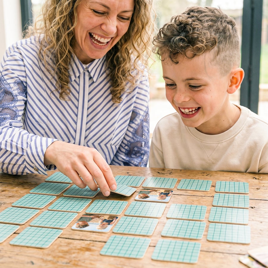Custom memory game set with personalized photo cards and matching card box