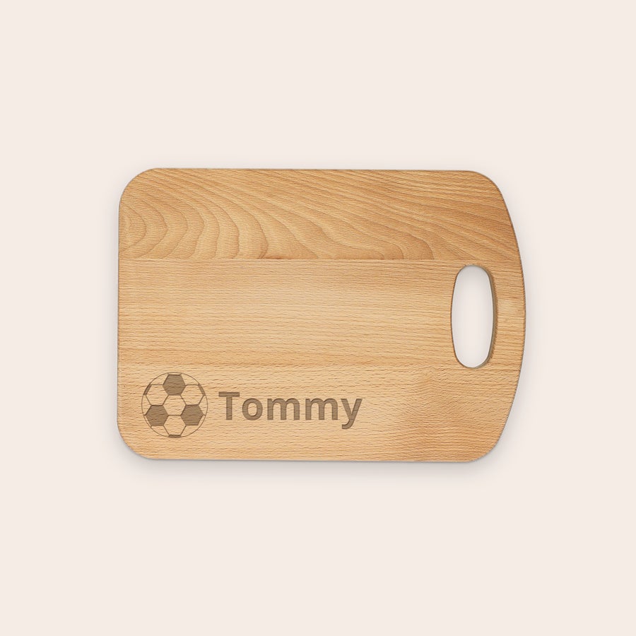 Solid beech wood bread board, shown from another angle, with customized text engraving