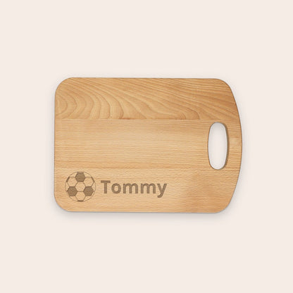 Solid beech wood bread board, shown from another angle, with customized text engraving