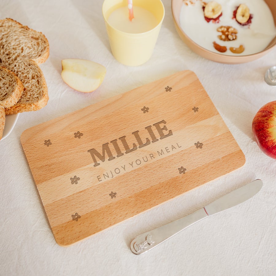 Solid beech wood bread board, alternate view, with customized text engraving