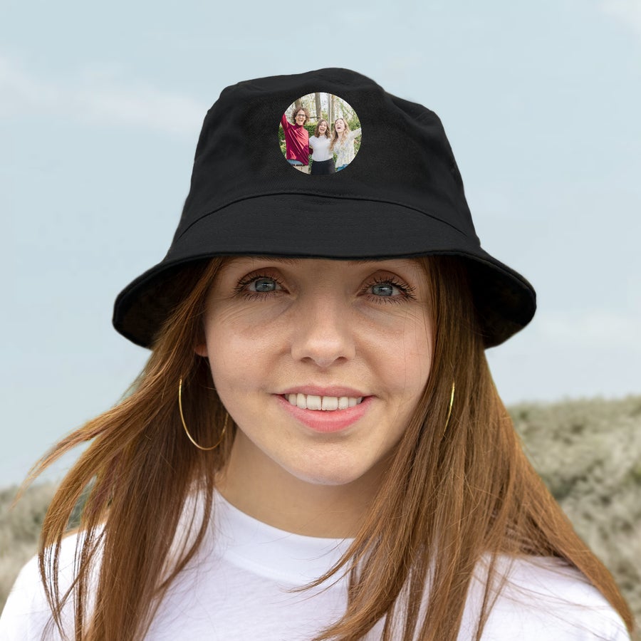 Black customized bucket hat front view by Giftaty
