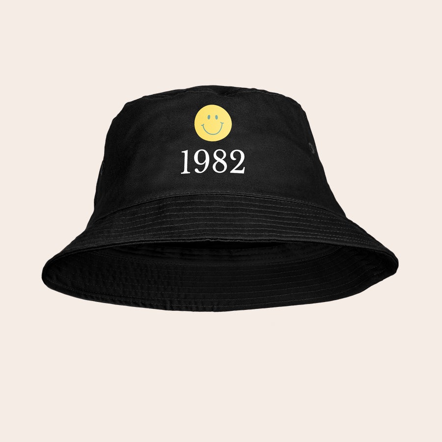 Black customized cotton bucket hat shown from the side