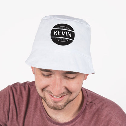 White customized cotton bucket hat with an example name design