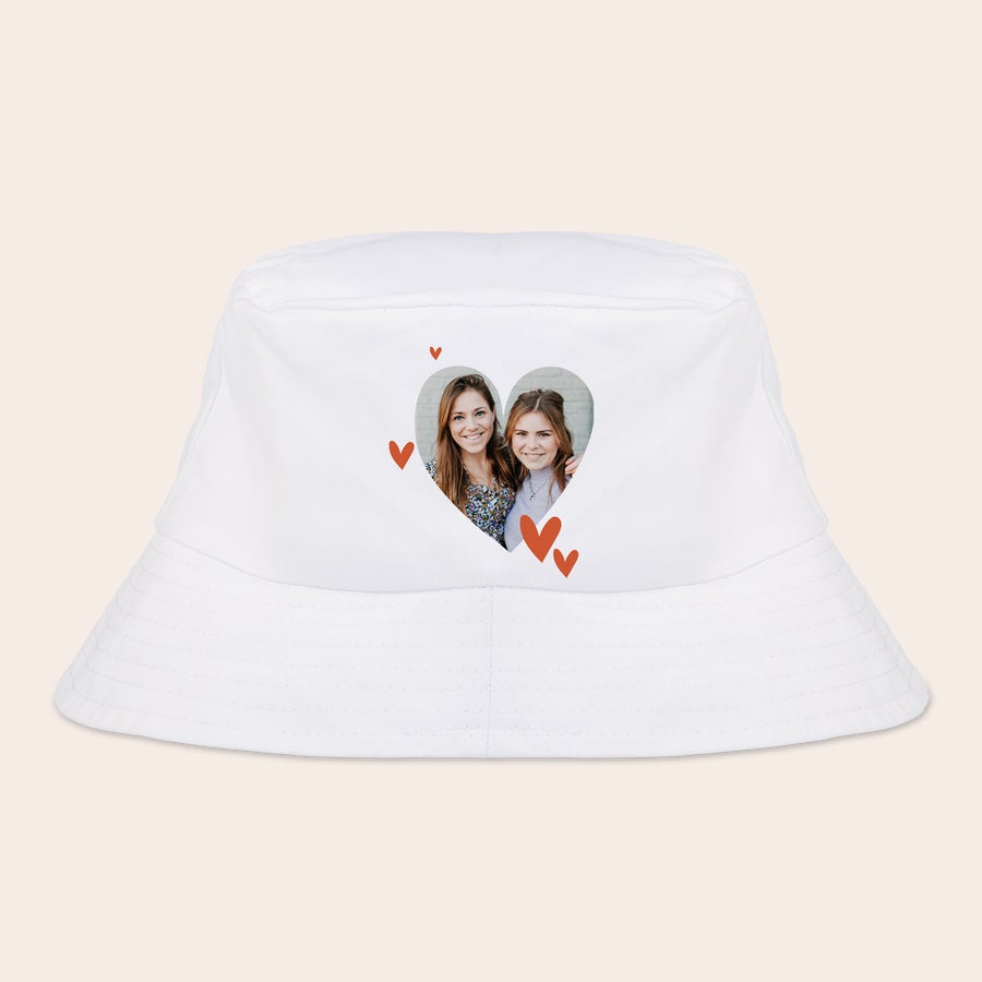 Customized white bucket hat gift with a personalized full-colour front print