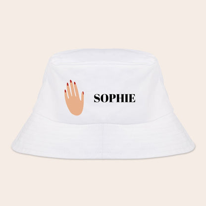 White personalized bucket hat example with a custom photo design