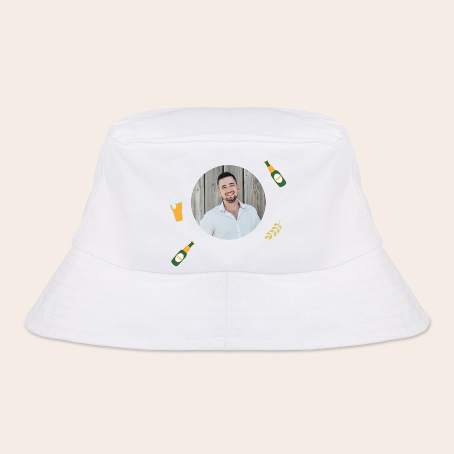 White customized bucket hat shown from another angle