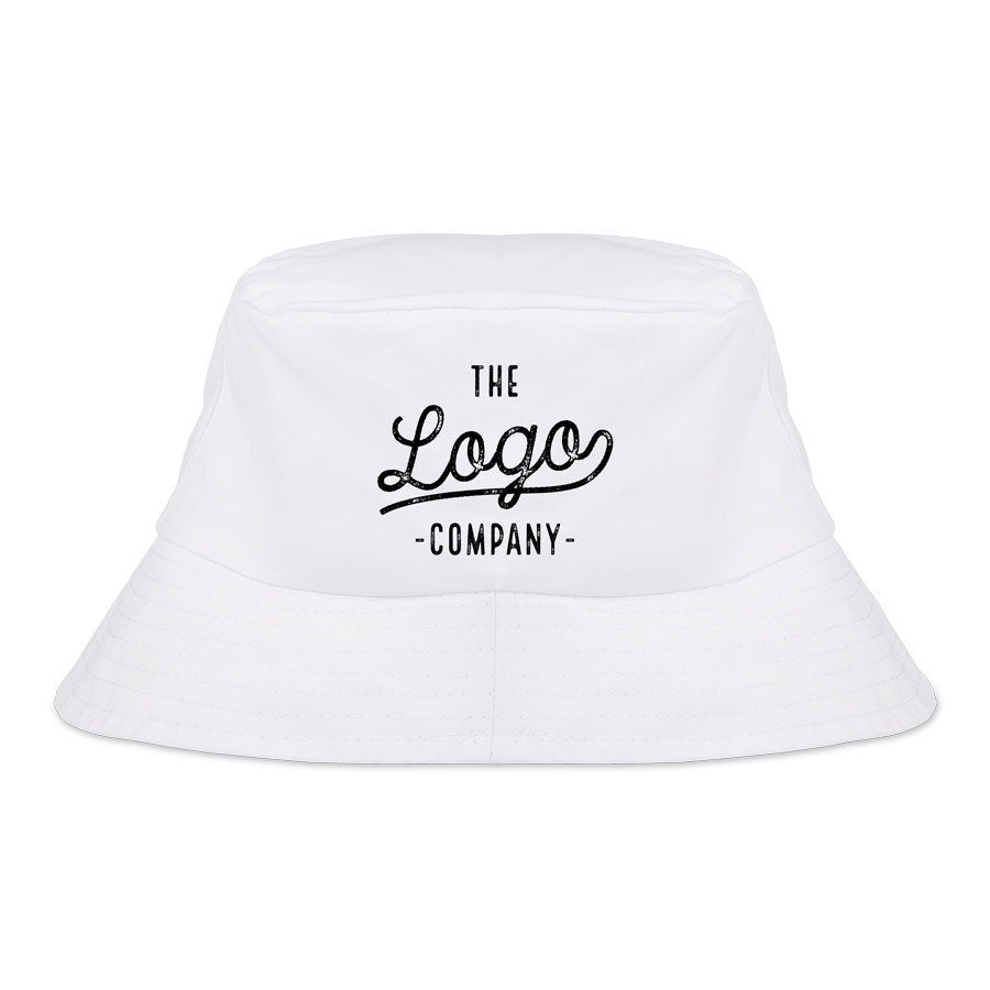 Personalized white bucket hat worn as a casual summer gift