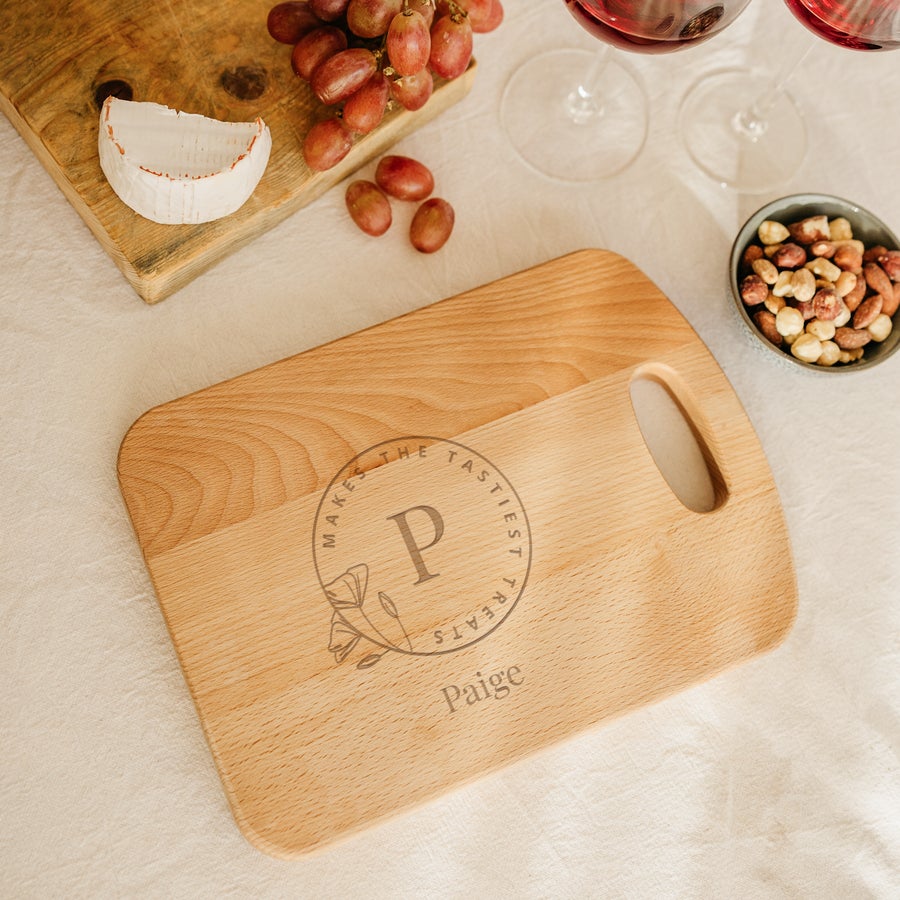 Oiled beech wood chopping board, alternate view, with customized engraved text