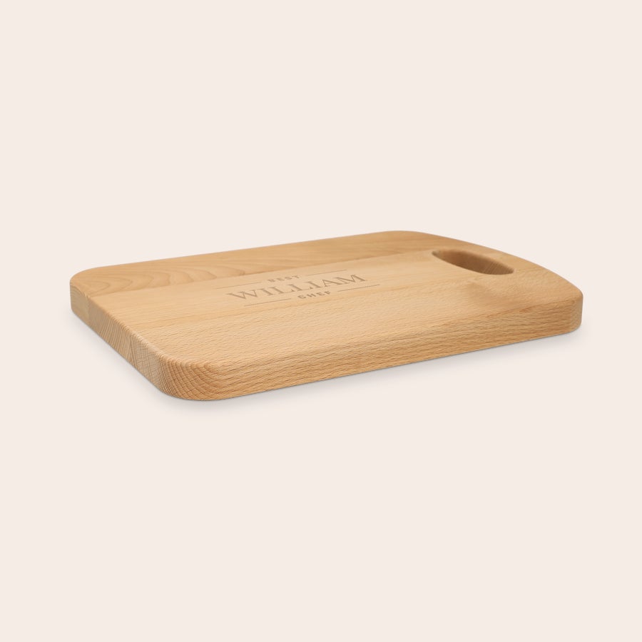 Oiled beech wood chopping board, another example design, with customized engraved text