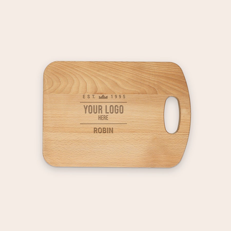 Oiled beech wood chopping board, additional example, with customized engraved text