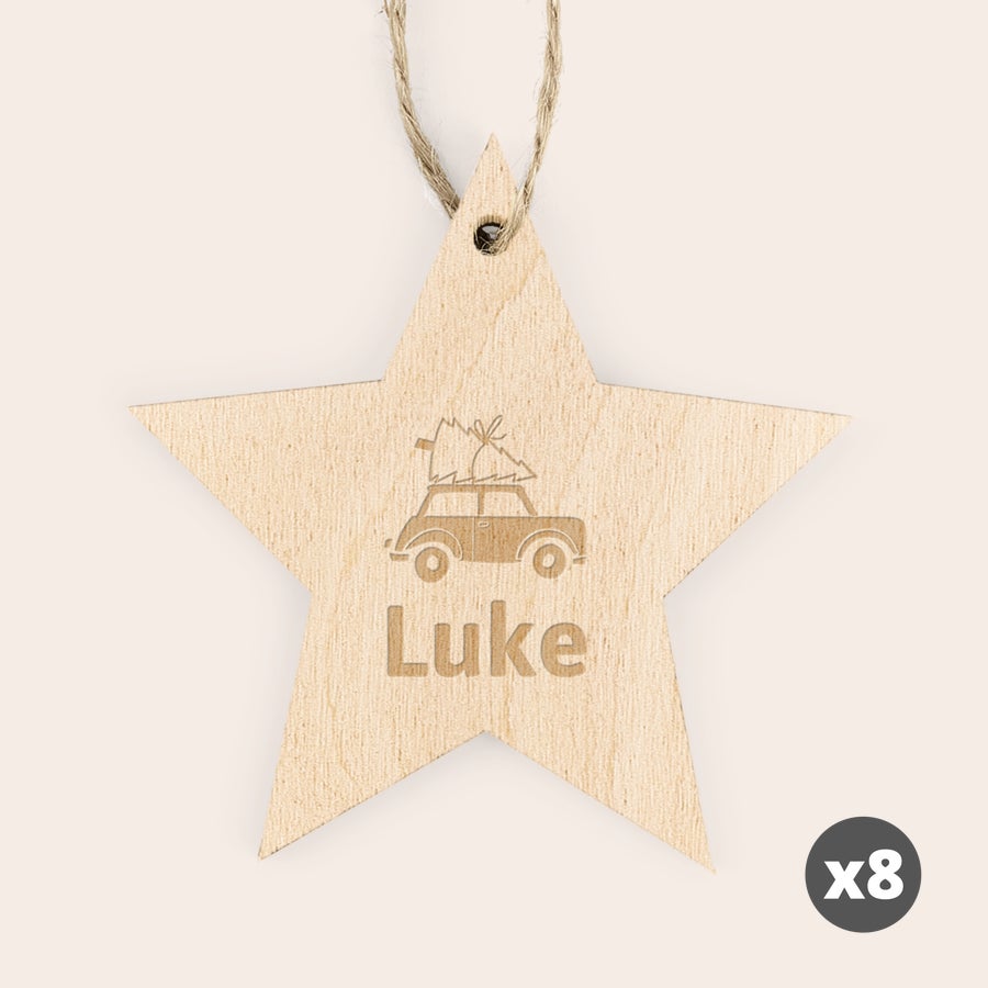 Customized engraved wooden Christmas star decoration with hanging loop
