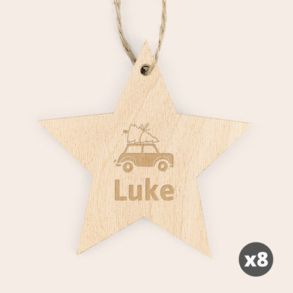Customized engraved wooden Christmas star decoration with hanging loop