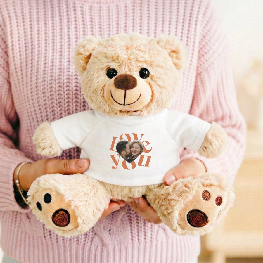 Personalized 55 cm teddy bear with custom photo and text printed T-shirt by Giftaty