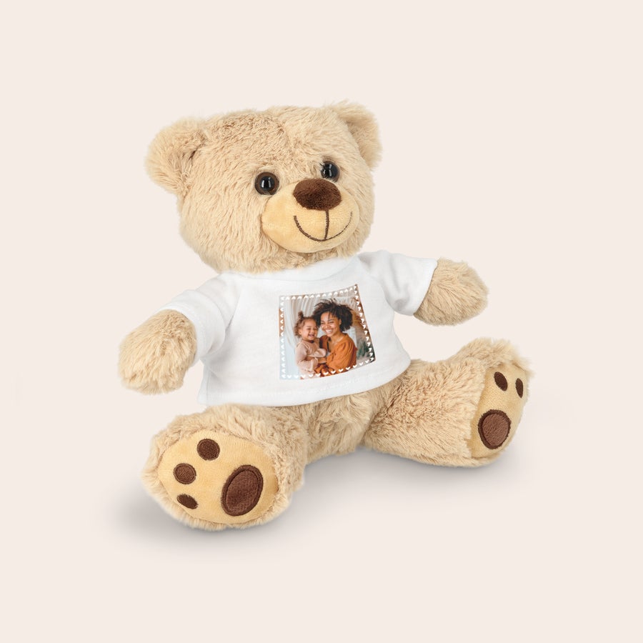 Custom teddy bear gift showing a full-colour personalized T-shirt print
