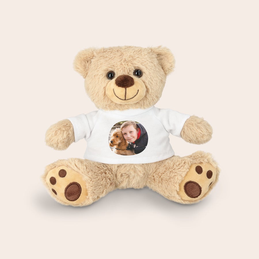 Personalized cuddly teddy bear with photo T-shirt, an example Giftaty design