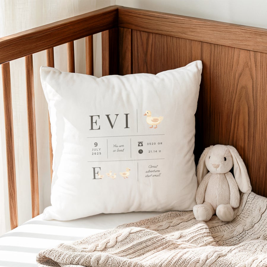 Personalized cushion example with a newborn baby photo design