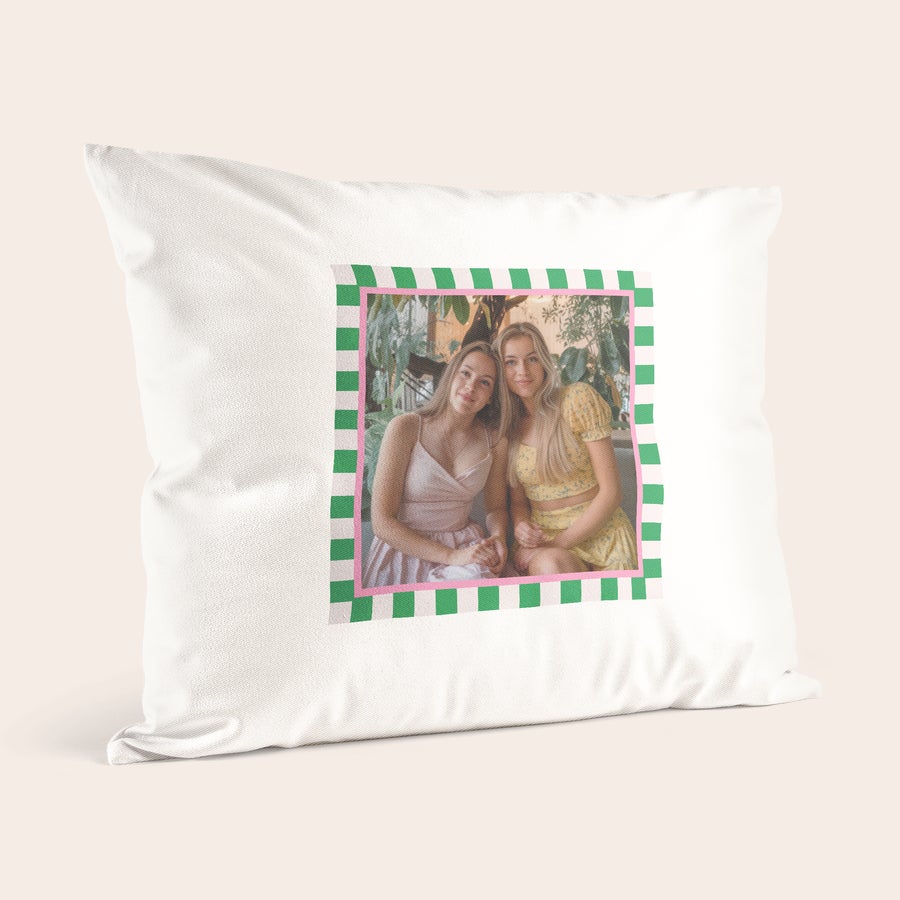 Custom printed cushion gift displayed on a sofa, example view