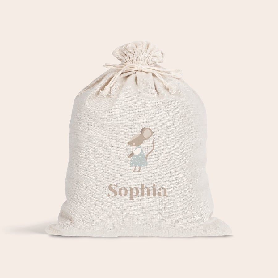 Custom printed gift bag with drawstring, example design