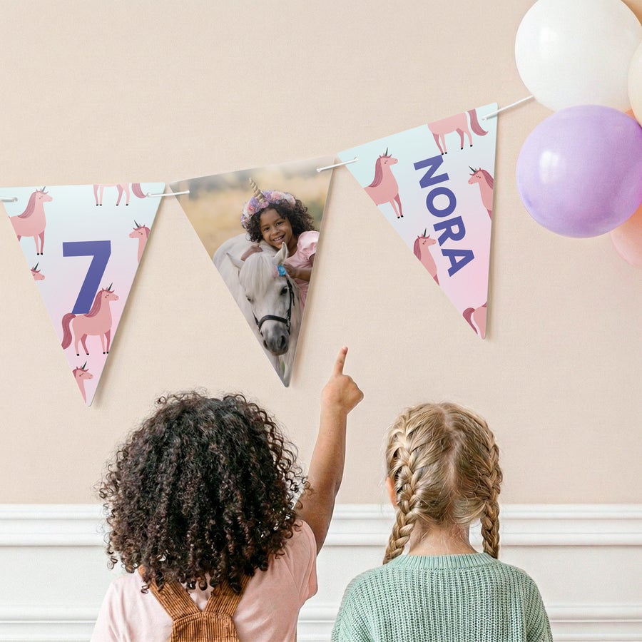 Custom photo bunting with wooden pennants, alternate view