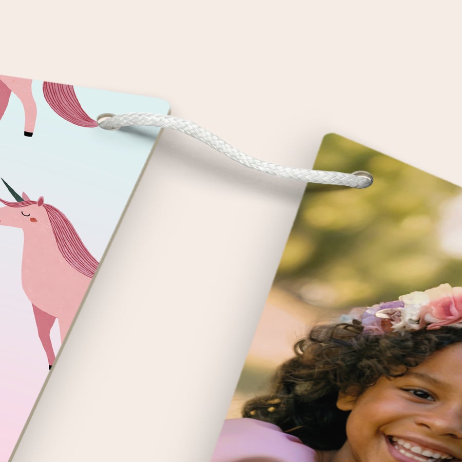 Double-sided printed photo pennants on a string