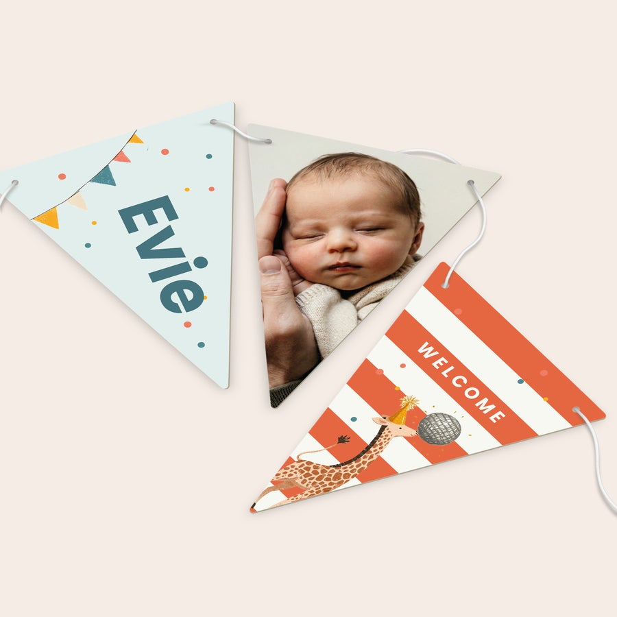 Photo garland bunting with text and pictures, detail view