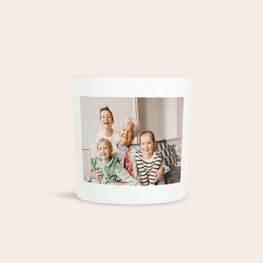 Photo glass candle holder with white candle, alternate view
