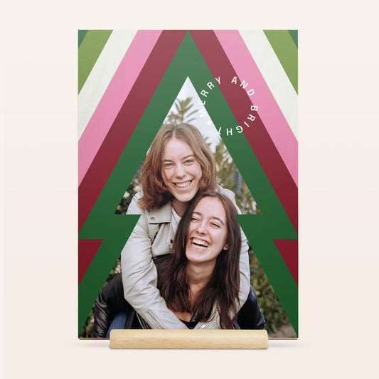 Plywood Christmas card on wooden stand customized with a festive photo and text by Giftaty