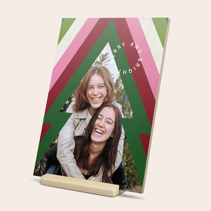 Plywood Christmas card on wooden stand, alternate view, customized with a festive photo and text