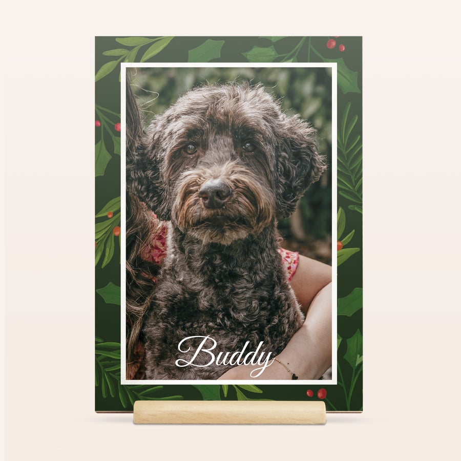 Plywood Christmas card on wooden stand, another example design, customized with a festive photo and text
