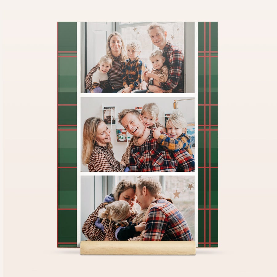 Plywood Christmas card on wooden stand, shown from another angle, customized with a festive photo and text