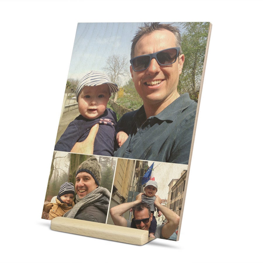Wooden Father's Day card on stand, alternate view, customized with a photo and message for dad