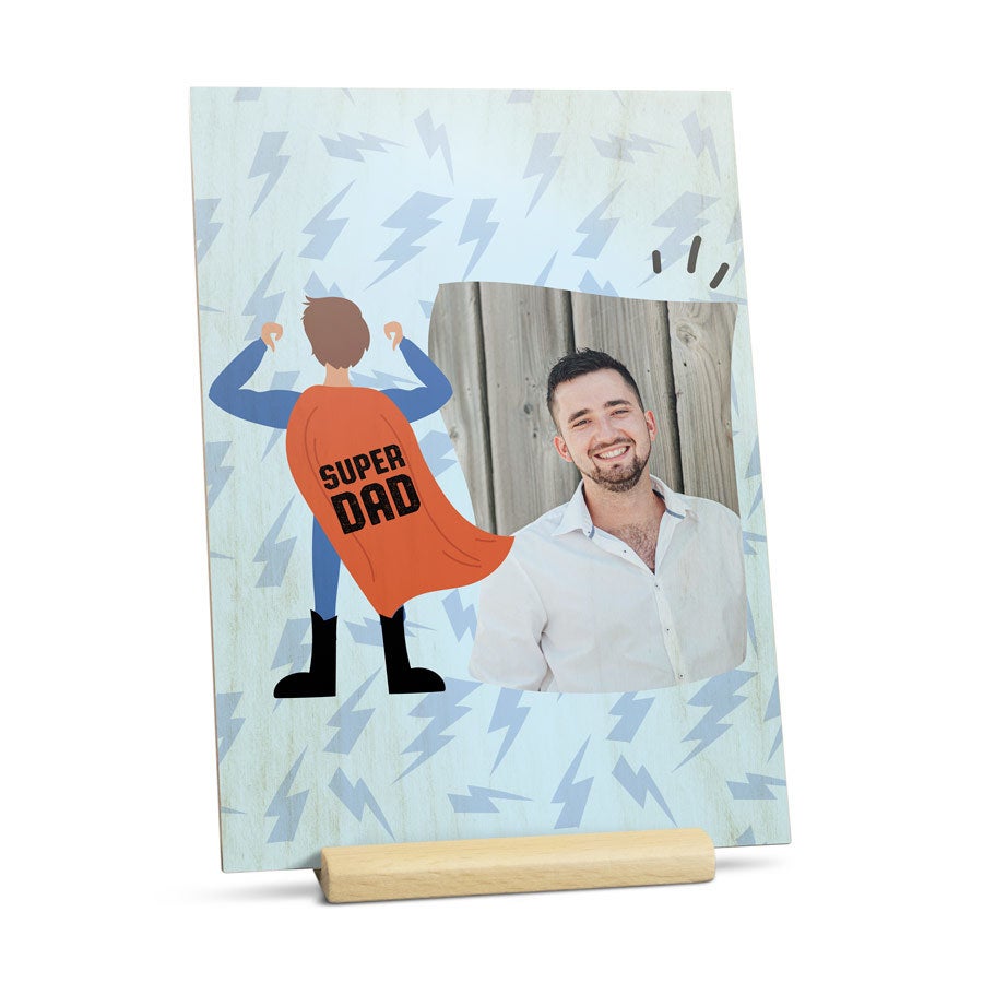 Wooden Father's Day card on stand, another example design, customized with a photo and message for dad