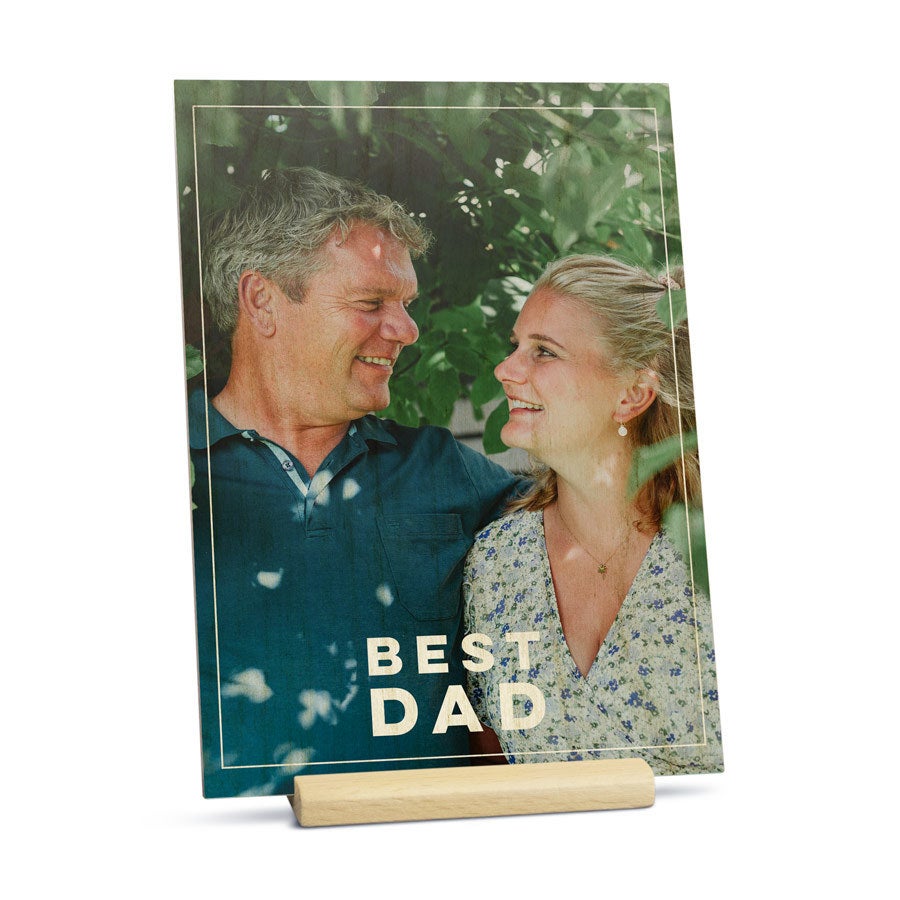 Wooden Father's Day card on stand, shown from another angle, customized with a photo and message for dad