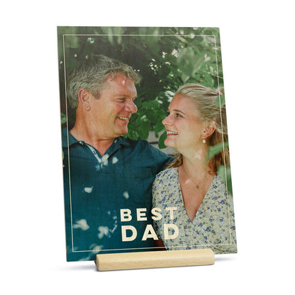 Wooden Father's Day card on stand, shown from another angle, customized with a photo and message for dad