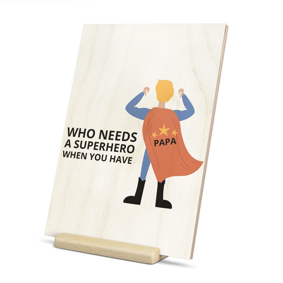 Wooden Father's Day card on stand, with a different personalization example, customized with a photo and message for dad