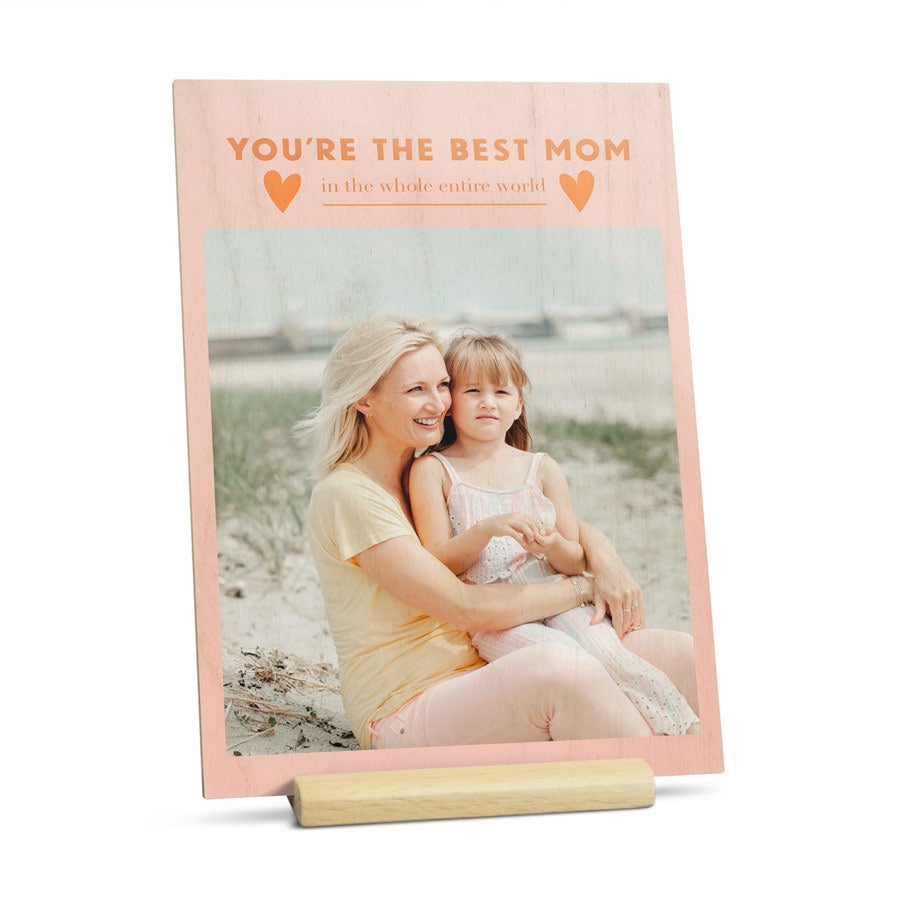 Wooden Mother's Day card on stand customized with a photo and message for mom by Giftaty