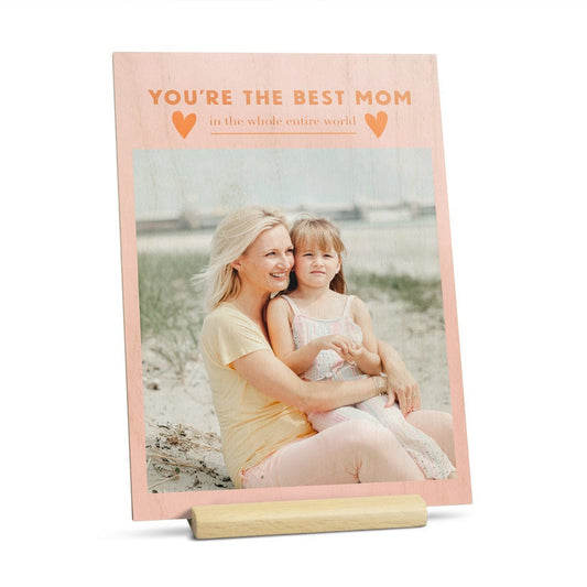 Wooden Mother's Day card on stand customized with a photo and message for mom by Giftaty