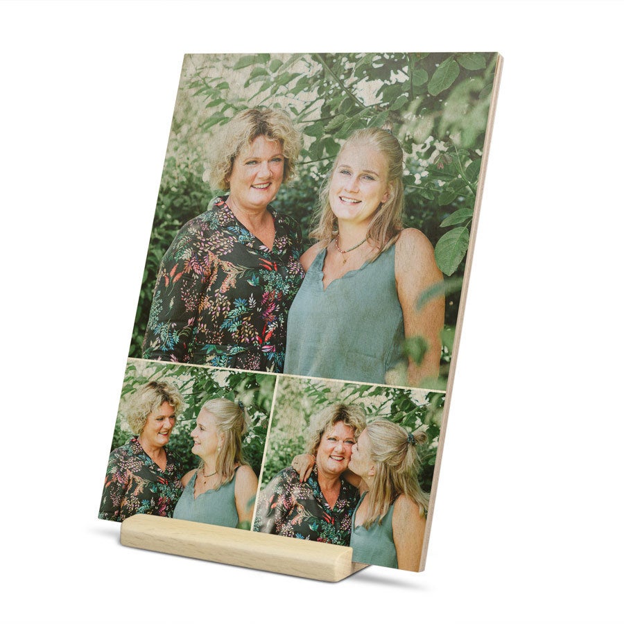 Wooden Mother's Day card on stand, alternate view, customized with a photo and message for mom