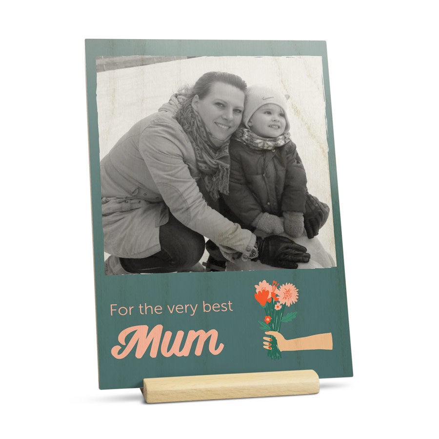 Wooden Mother's Day card on stand, another example design, customized with a photo and message for mom