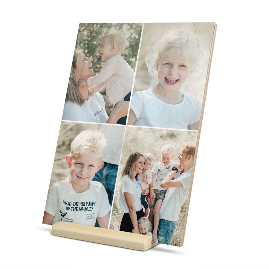 Wooden Mother's Day card on stand, close-up detail, customized with a photo and message for mom